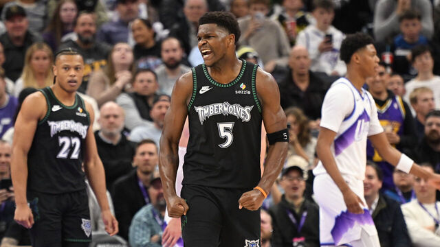 SALT LAKE CITY, UTAH - NOVEMBER 10: Anthony Edwards #5 of the Minnesota Timberwolves celebrates after a play in the first half against the Utah Jazz at Delta Center on November 10, 2025 in Salt Lake City, Utah.