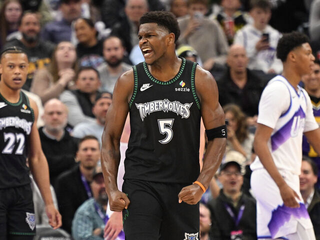 SALT LAKE CITY, UTAH - NOVEMBER 10: Anthony Edwards #5 of the Minnesota Timberwolves celebrates after a play in the first half against the Utah Jazz at Delta Center on November 10, 2025 in Salt Lake City, Utah.