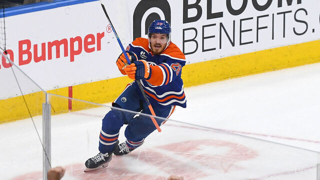 EDMONTON, CANADA - NOVEMBER 10: Jack Roslovic #28 of the Edmonton Oilers celebrates an overtime goal to win the game against the Columbus Blue Jackets at Rogers Place on November 10, 2025, in Edmonton, Alberta, Canada.