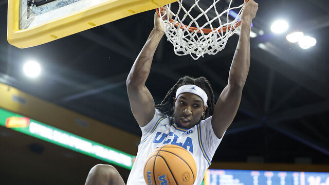 LOS ANGELES, CALIFORNIA - NOVEMBER 10: Steven Jamerson II #24 of the UCLA Bruins makes a slam dunk against the West Georgia Wolves in the first half at UCLA Pauley Pavilion on November 10, 2025 in Los Angeles, California.