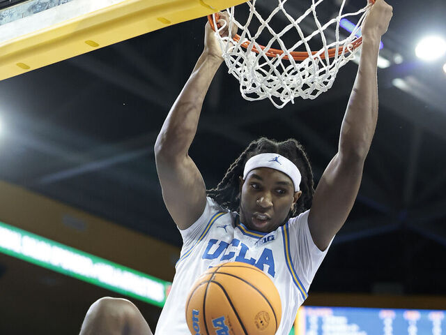 LOS ANGELES, CALIFORNIA - NOVEMBER 10: Steven Jamerson II #24 of the UCLA Bruins makes a slam dunk against the West Georgia Wolves in the first half at UCLA Pauley Pavilion on November 10, 2025 in Los Angeles, California.