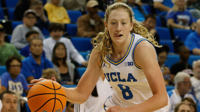 LOS ANGELES, CA - NOVEMBER 06: UCLA Bruins guard Gianna Kneepkens (8) drives to the basket during the women's college basketball game between the UC Santa Barbara Gauchos and the UCLA Bruins on November 06, 2025, at Pauley Pavilion in Los Angeles, CA.