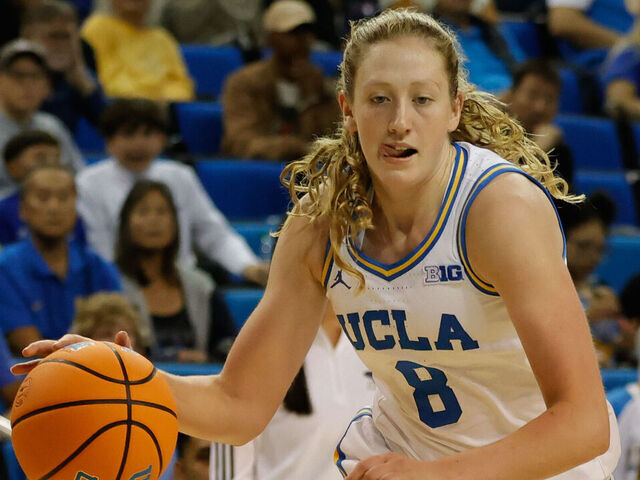 LOS ANGELES, CA - NOVEMBER 06: UCLA Bruins guard Gianna Kneepkens (8) drives to the basket during the women's college basketball game between the UC Santa Barbara Gauchos and the UCLA Bruins on November 06, 2025, at Pauley Pavilion in Los Angeles, CA.