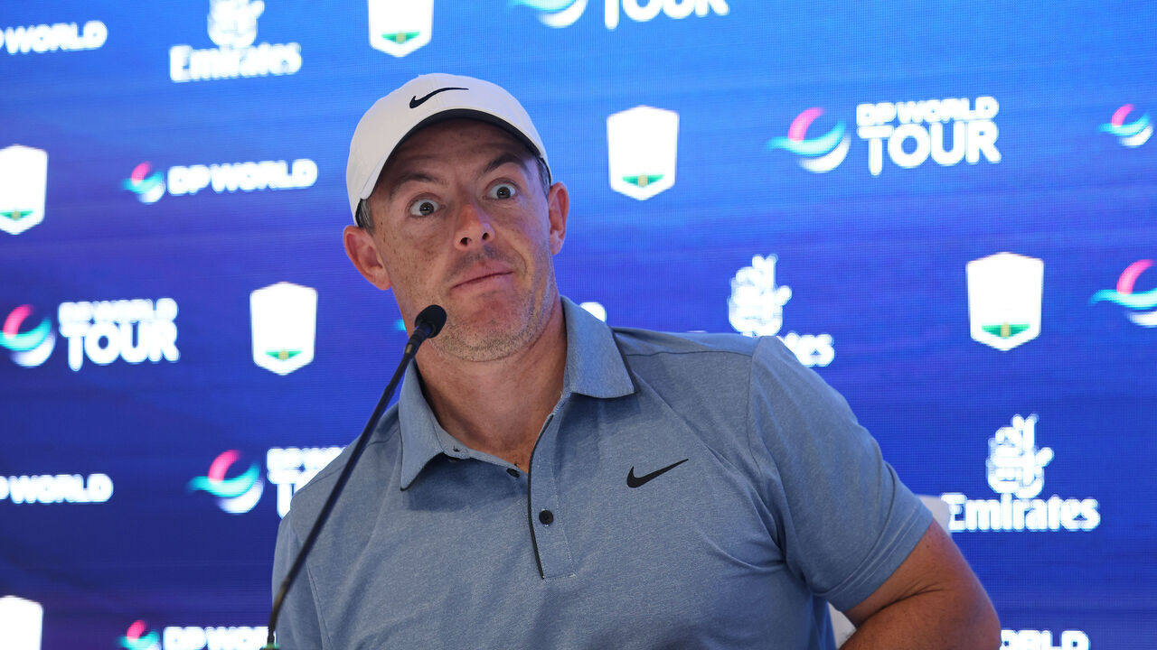 DUBAI, UNITED ARAB EMIRATES - NOVEMBER 11: Rory McIlroy of Northern Ireland speaks to the media during a press conference during a Pro-Am prior to the DP World Tour Championship 2025 at Jumeirah Golf Estates on November 11, 2025 in Dubai, United Arab Emirates.