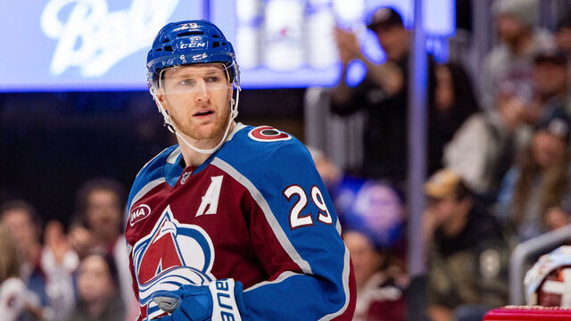 DENVER, COLORADO - NOVEMBER 04: Nathan MacKinnon #29 of the Colorado Avalanche looks over his shoulder during the third period of the game against the Tampa Bay Lightning at Ball Arena on November 04, 2025 in Denver, Colorado.