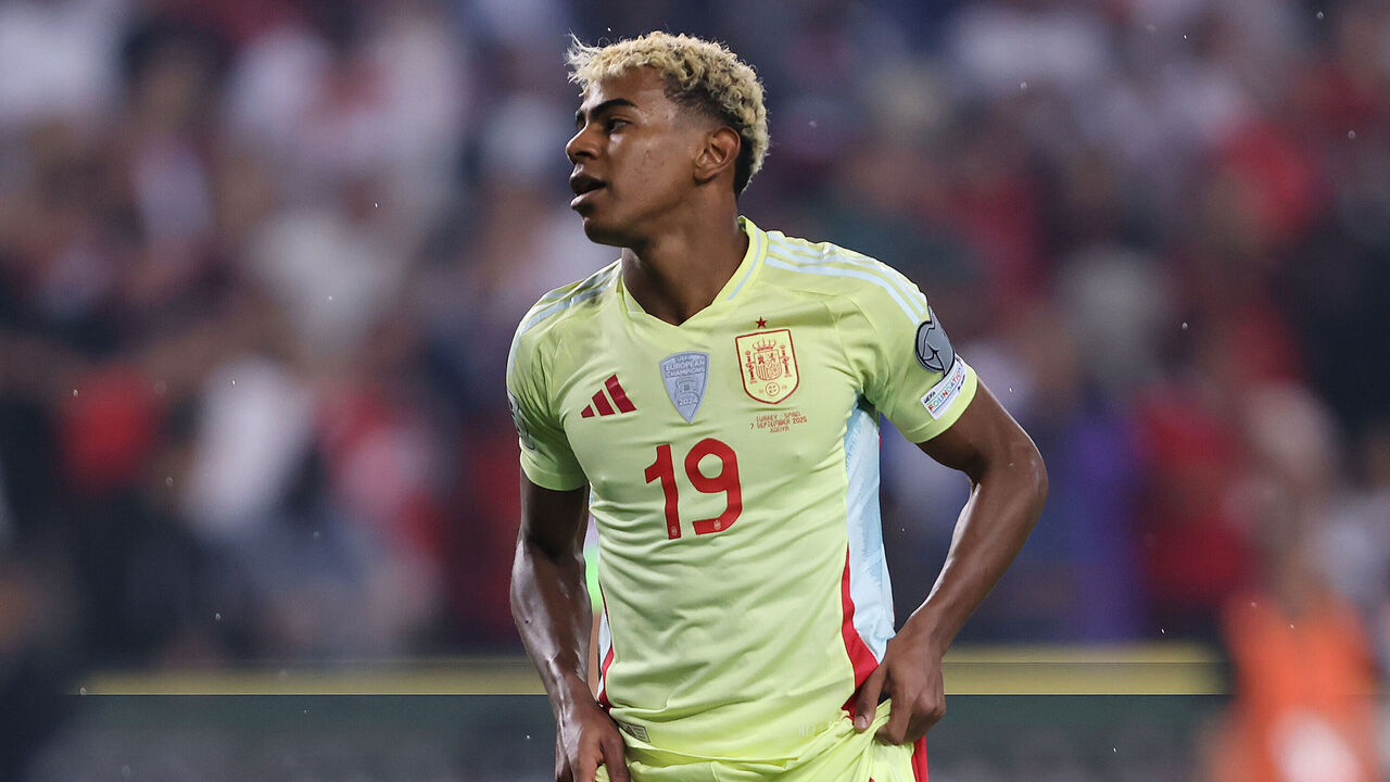 KONYA, TURKEY - SEPTEMBER 07: Lamine Yamal of Spain reacts during the FIFA World Cup 2026 qualifier match between Turkiye and Spainat Konya Metropolitan Municipality Stadium on September 07, 2025 in Konya, Turkey.