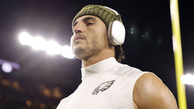 GREEN BAY, WISCONSIN - NOVEMBER 10: Jaelan Phillips #50 of the Philadelphia Eagles looks on prior to the game against the Green Bay Packers at Lambeau Field on November 10, 2025 in Green Bay, Wisconsin.