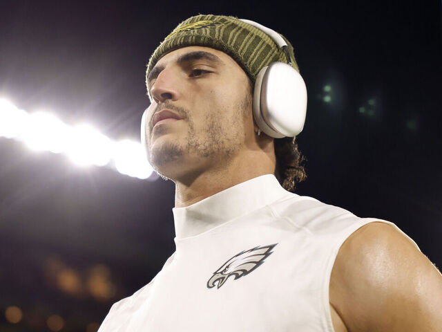 GREEN BAY, WISCONSIN - NOVEMBER 10: Jaelan Phillips #50 of the Philadelphia Eagles looks on prior to the game against the Green Bay Packers at Lambeau Field on November 10, 2025 in Green Bay, Wisconsin.