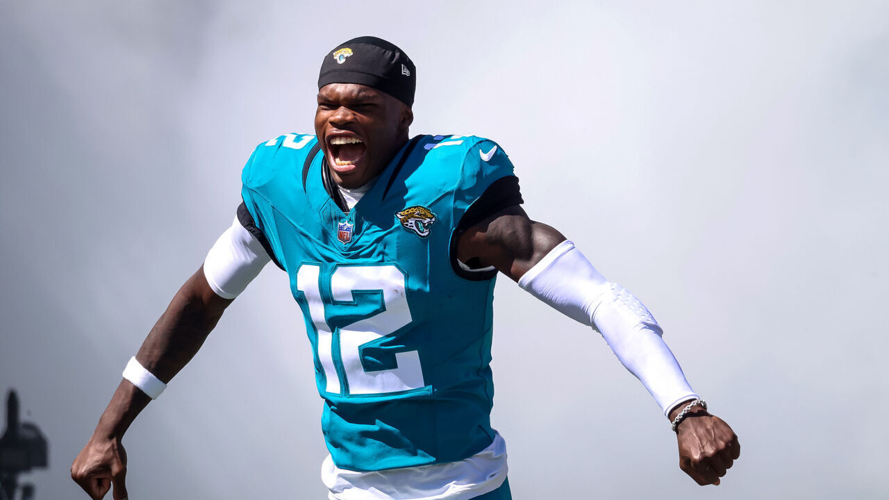 JACKSONVILLE, FLORIDA - OCTOBER 12: Travis Hunter #12 of the Jacksonville Jaguars is introduced prior to the game against the Seattle Seahawks at EverBank Field on October 12, 2025 in Jacksonville, Florida.