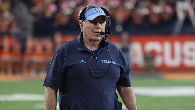 SYRACUSE, NY - OCTOBER 31: North Carolina Tar Heels Head Coach Bill Belichick looks on from the sidelines during the second half of the College Football game between the North Carolina Tar Heels and the Syracuse Orange on October 31, 2025, at the JMA Wireless Dome in Syracuse, NY.