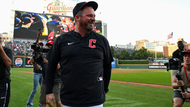 CLEVELAND, OHIO - SEPTEMBER 28: Manager Stephen Vogt #12 of the Cleveland Guardians celebrates the team's 9-8 win over the Texas Rangers in ten innings and clinching the American League Central Division at Progressive Field on September 28, 2025 in Cleveland, Ohio.
