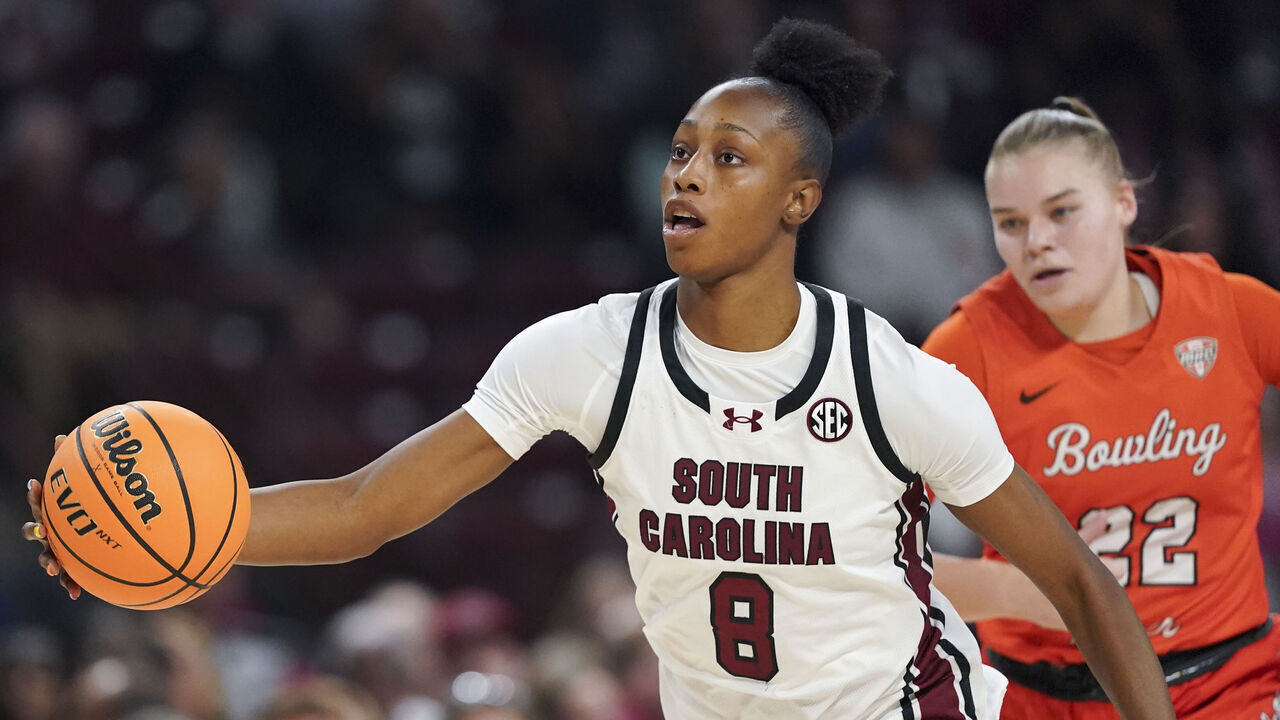 COLUMBIA, SOUTH CAROLINA - NOVEMBER 7: Joyce Edwards of the South Carolina Gamecocks dribbles the ball against Lauren Gerken #22 of the Bowling Green Falcons during the first quarter of an NCAA women's basketball game at Colonial Life Arena on November 7, 2025 in Columbia, South Carolina.