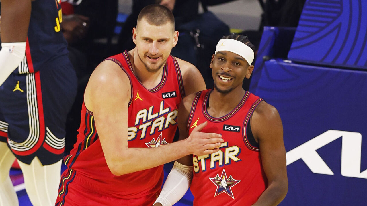SAN FRANCISCO, CA - FEBRUARY 16: Nikola Joki #15 and Shai Gilgeous-Alexander #2 of Team Chuck smile during the 74th NBA All-Star Game as part of NBA All-Star Weekend on Sunday, February 16, 2025 at Chase Center in San Francisco, California. NOTE TO USER: User expressly acknowledges and agrees that, by downloading and/or using this Photograph, user is consenting to the terms and conditions of the Getty Images License Agreement. Mandatory Copyright Notice: Copyright 2025 NBAE
