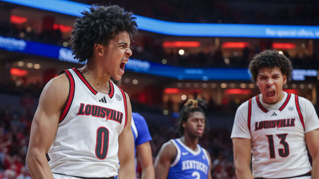 LOUISVILLE, KENTUCKY - NOVEMBER 11: Mikel Brown Jr. #0 of the Louisville Cardinals reacts during the second half of the NCAA basketball game between the Kentucky Wildcats and the Louisville Cardinals at KFC YUM! Center on November 11, 2025 in Louisville, Kentucky.