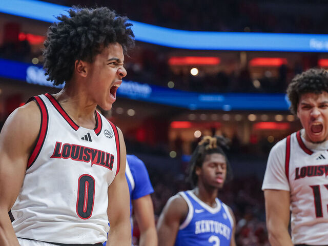 LOUISVILLE, KENTUCKY - NOVEMBER 11: Mikel Brown Jr. #0 of the Louisville Cardinals reacts during the second half of the NCAA basketball game between the Kentucky Wildcats and the Louisville Cardinals at KFC YUM! Center on November 11, 2025 in Louisville, Kentucky.