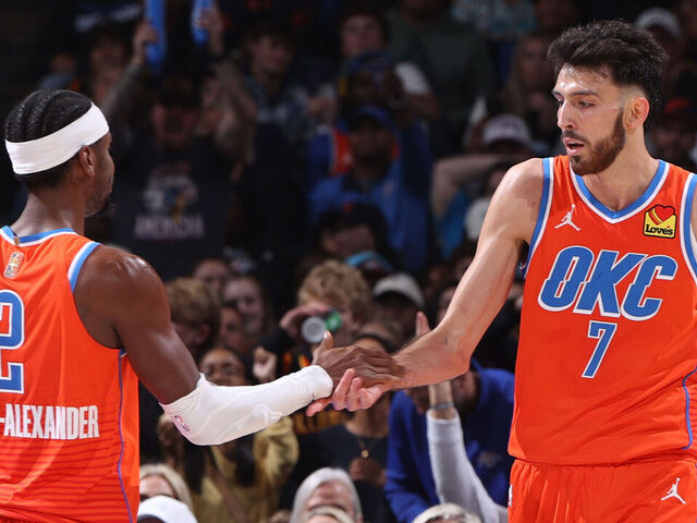 OKLAHOMA CITY, OK - NOVEMBER 11: Shai Gilgeous-Alexander #2 and Chet Holmgren #7 of the Oklahoma City Thunder high five during the game against the Golden State Warriors on November 11, 2025 at Paycom Center in Oklahoma City, Oklahoma. Mandatory Copyright Notice: Copyright 2025 NBAE
