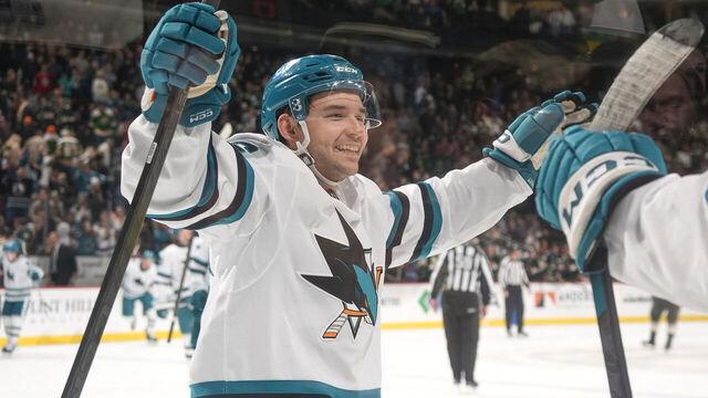 SAINT PAUL, MN - NOVEMBER 11: Collin Graf #51 of the San Jose Sharks celebrates after scoring the game winning goal in overtime against the Minnesota Wild at Grand Casino Arena on November 11, 2025 in Saint Paul, Minnesota.