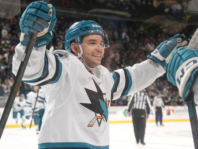 SAINT PAUL, MN - NOVEMBER 11: Collin Graf #51 of the San Jose Sharks celebrates after scoring the game winning goal in overtime against the Minnesota Wild at Grand Casino Arena on November 11, 2025 in Saint Paul, Minnesota.