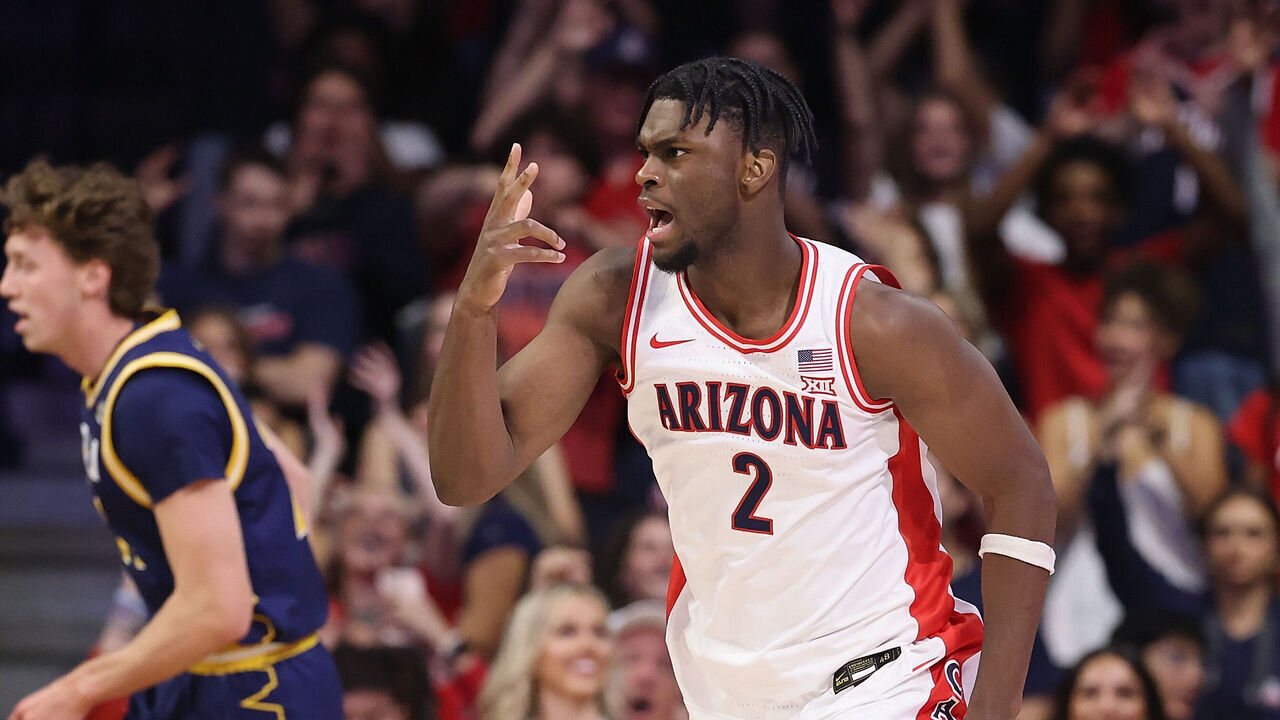TUCSON, ARIZONA - NOVEMBER 11: Dwayne Aristode #2 of the Arizona Wildcats reacts after a three-point shot against the Northern Arizona Lumberjacksduring the first half of the NCCAB game at McKale Center on November 11, 2025 in Tucson, Arizona.