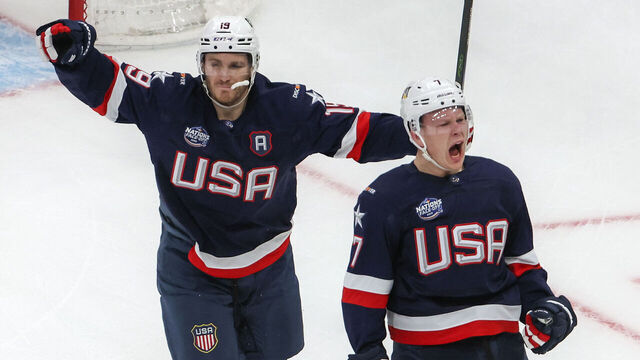 Boston, MA - February 20: United States LW Brady Tkachuk celebrates his goal with teammate and brother Matthew Tkachuk in the first period.