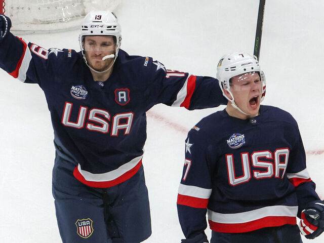 Boston, MA - February 20: United States LW Brady Tkachuk celebrates his goal with teammate and brother Matthew Tkachuk in the first period.