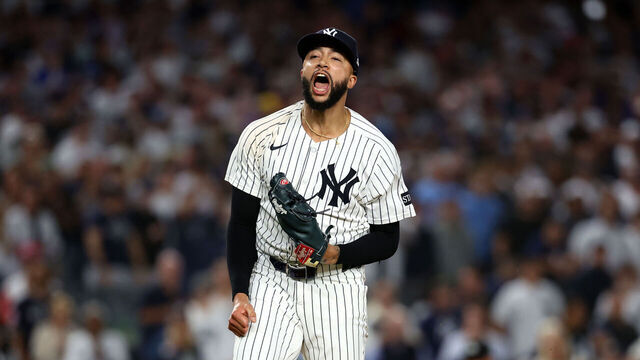NEW YORK, NY - OCTOBER 07: Devin Williams #38 of the New York Yankees reacts during the game against the Toronto Blue Jays at Yankee Stadium on October 7, 2025 in New York, New York.