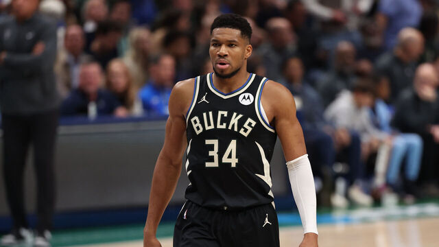 DALLAS, TEXAS - NOVEMBER 10: Giannis Antetokounmpo #34 of the Milwaukee Bucks looks on during the first half against the Dallas Mavericks at American Airlines Center on November 10, 2025 in Dallas, Texas.