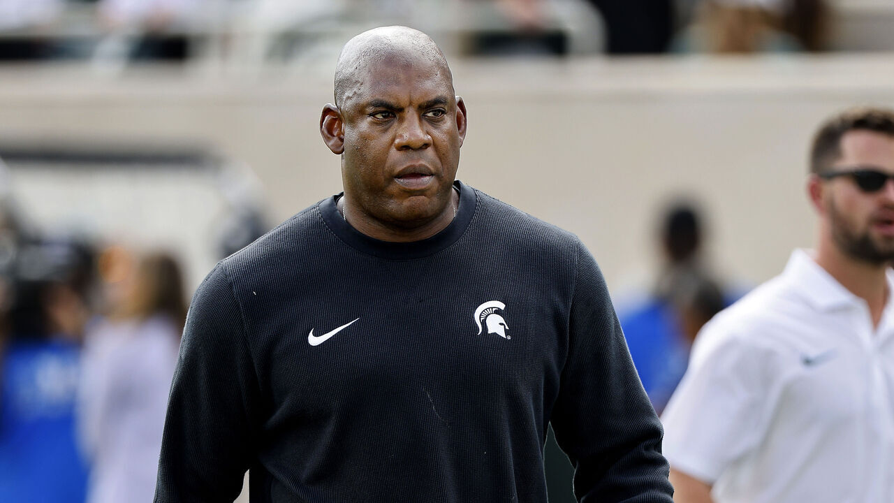 EAST LANSING, MICHIGAN - SEPTEMBER 09: Head coach Mel Tucker of the Michigan State Spartans looks on prior to a game against the Richmond Spiders at Spartan Stadium on September 09, 2023 in East Lansing, Michigan.