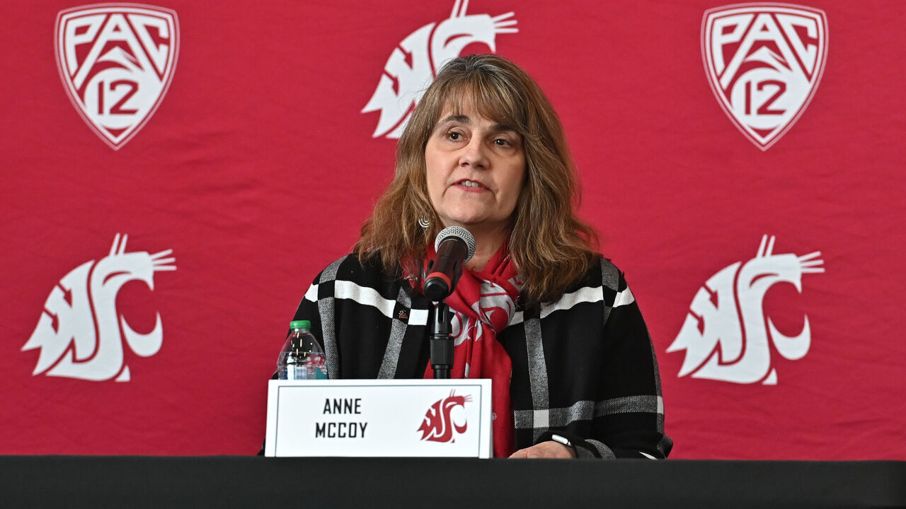 PULLMAN, WA - JANUARY 09: Athletic Director Anne McCoy of Washington State University speaks to the media during the press conference introducing Jimmy Rogers as the new Head Football Coach of the WSU Cougars at the Alger Family Club Room in Martin Stadium on January 9, 2025 in Pullman, Washington. WSU held an introductory press conference to announce the hiring of Jimmy Rogers as the schools new head football coach. Rogers, 37, becomes the 35th head coach in Cougar football history. Rogers, joining the WSU program from South Dakota State University where he won the 2023 FCS national title with the Jackrabbits and compiled a 27-3 record as head coach of his alma mater.