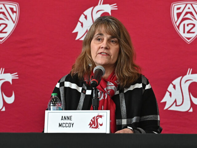 PULLMAN, WA - JANUARY 09: Athletic Director Anne McCoy of Washington State University speaks to the media during the press conference introducing Jimmy Rogers as the new Head Football Coach of the WSU Cougars at the Alger Family Club Room in Martin Stadium on January 9, 2025 in Pullman, Washington. WSU held an introductory press conference to announce the hiring of Jimmy Rogers as the schools new head football coach. Rogers, 37, becomes the 35th head coach in Cougar football history. Rogers, joining the WSU program from South Dakota State University where he won the 2023 FCS national title with the Jackrabbits and compiled a 27-3 record as head coach of his alma mater.