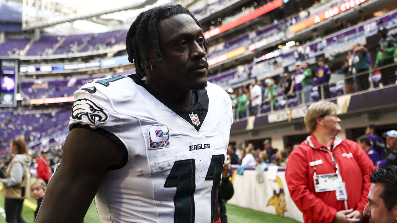 MINNEAPOLIS, MINNESOTA - OCTOBER 19: A.J. Brown #11 of the Philadelphia Eagles walks off the field after an NFL football game against the Minnesota Vikings at U.S. Bank Stadium on October 19, 2025 in Minneapolis, Minnesota.