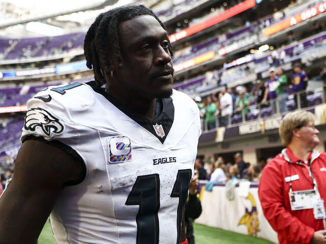 MINNEAPOLIS, MINNESOTA - OCTOBER 19: A.J. Brown #11 of the Philadelphia Eagles walks off the field after an NFL football game against the Minnesota Vikings at U.S. Bank Stadium on October 19, 2025 in Minneapolis, Minnesota.
