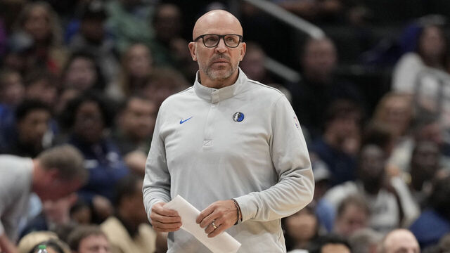 WASHINGTON, DC - NOVEMBER 08: Head coach Jason Kidd of the Dallas Mavericks looks on during the first half against the Washington Wizards at Capital One Arena on November 08, 2025 in Washington, DC.