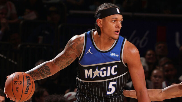 NEW YORK, NY - NOVEMBER 12: Paolo Banchero #5 of the Orlando Magic dribbles the ball during the game against the New York Knicks on November 12, 2025 at Madison Square Garden in New York City, New York. Mandatory Copyright Notice: Copyright 2025 NBAE