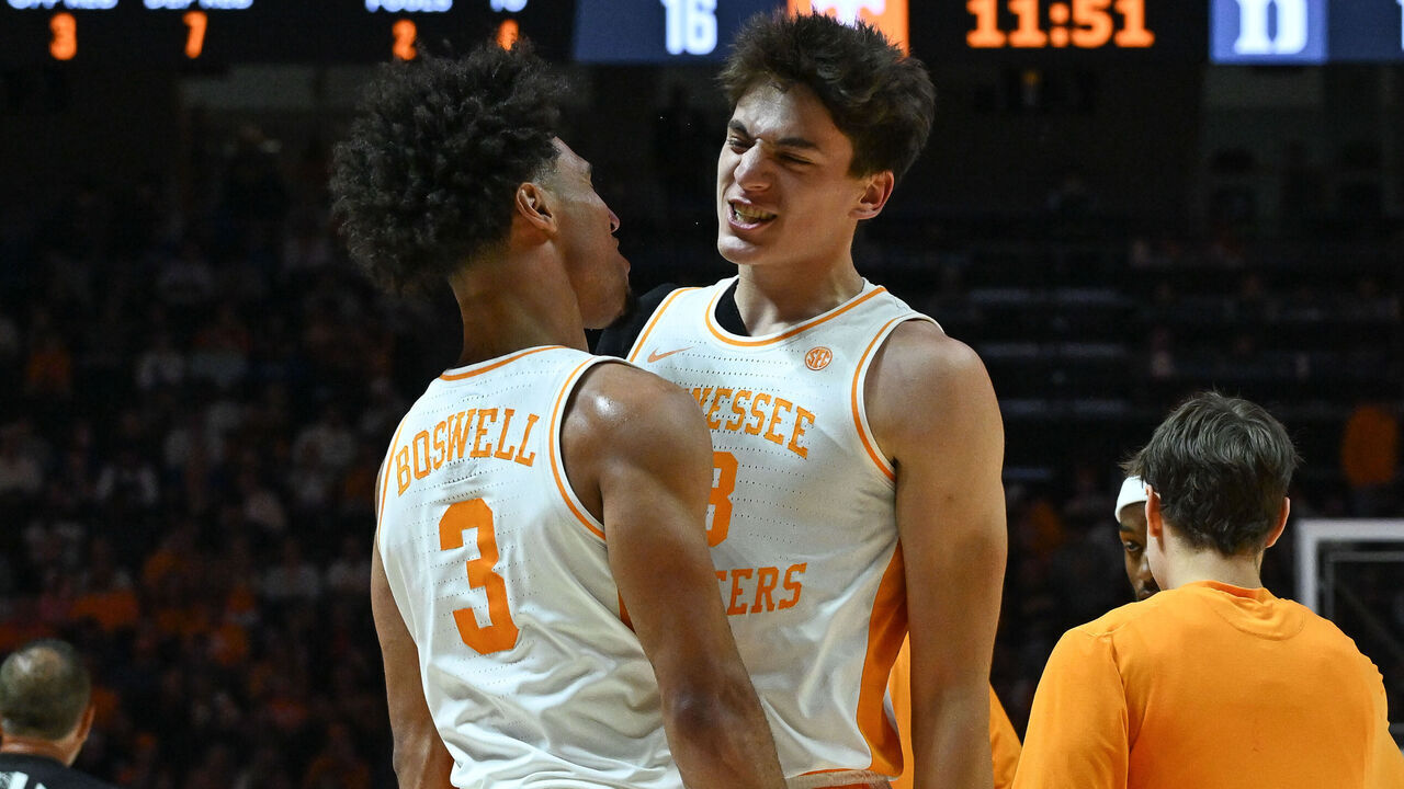 KNOXVILLE, TN - OCTOBER 26: Tennessee Volunteers forward J.P. Estrella (13) and Tennessee Volunteers guard Bishop Boswell (3) celebrate during the college basketball exhibition game between the Tennessee Volunteers and Duke Blue Devils on October 26, 2025, at Food City Center in Knoxville, TN.