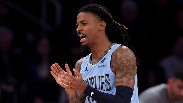 NEW YORK, NEW YORK - NOVEMBER 11: Ja Morant #12 of the Memphis Grizzlies reacts after he is called for a foul in the fourth quarter at Madison Square Garden on November 11, 2025 in New York City. The New York Knicks defeated the Memphis Grizzlies 133-120.