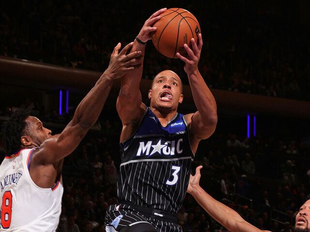 NEW YORK, NY - NOVEMBER 12: Desmond Bane #3 of the Orlando Magic drives to the basket during the game aNew York Knicks on November 12, 2025 at Madison Square Garden in New York City, New York. Mandatory Copyright Notice: Copyright 2025 NBAE