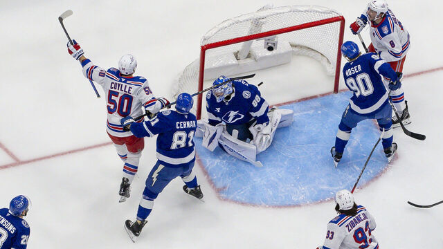 TAMPA, FL - NOVEMBER 12: Will Cuylle #50 of the New York Rangers celebrates a goal against the Tampa Bay Lightning at Benchmark International Arena on November 12, 2025 in Tampa, Florida.