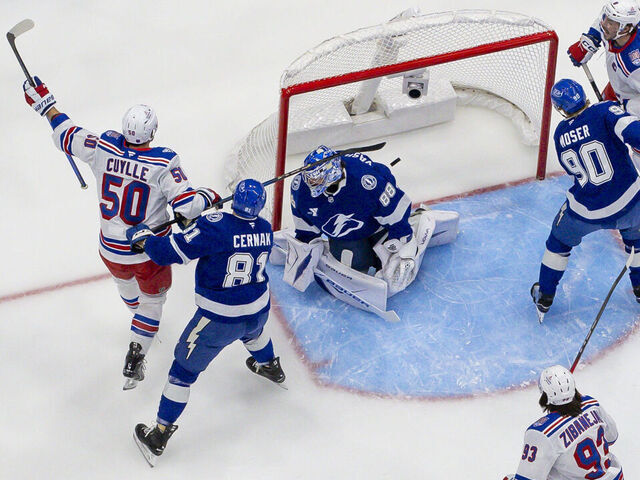 TAMPA, FL - NOVEMBER 12: Will Cuylle #50 of the New York Rangers celebrates a goal against the Tampa Bay Lightning at Benchmark International Arena on November 12, 2025 in Tampa, Florida.