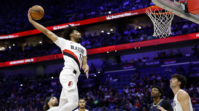 NEW ORLEANS, LOUISIANA - NOVEMBER 12: Shaedon Sharpe #17 of the Portland Trail Blazers dunks during the first half of a game against the New Orleans Pelicans at Smoothie King Center on November 12, 2025 in New Orleans, Louisiana.
