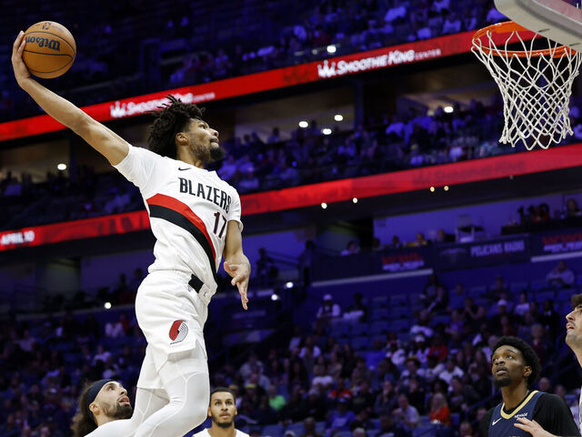 NEW ORLEANS, LOUISIANA - NOVEMBER 12: Shaedon Sharpe #17 of the Portland Trail Blazers dunks during the first half of a game against the New Orleans Pelicans at Smoothie King Center on November 12, 2025 in New Orleans, Louisiana.