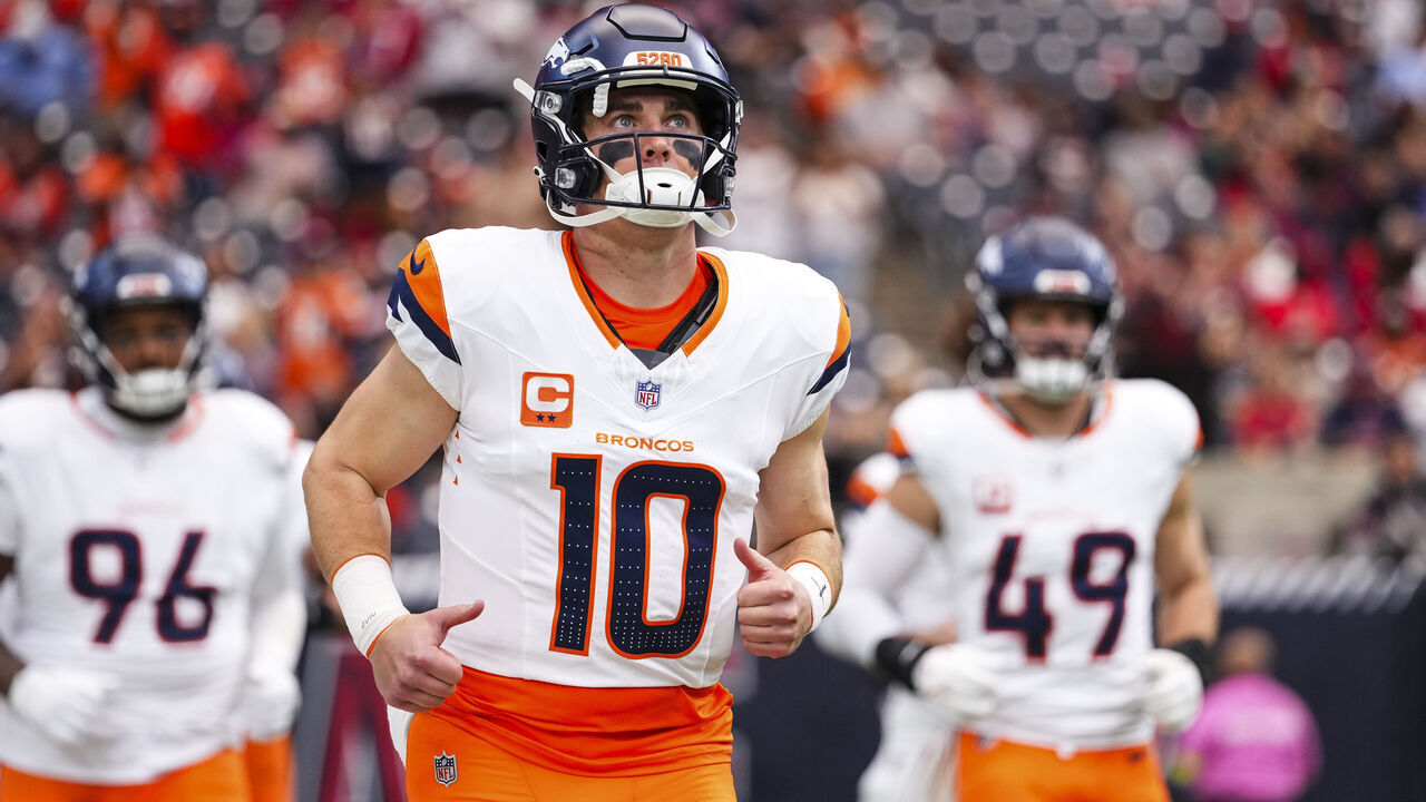 HOUSTON, TX - NOVEMBER 02: Bo Nix #10 of the Denver Broncos runs out of the tunnel prior to an NFL football game against the Houston Texans at NRG Stadium on November 2, 2025 in Houston, Texas.