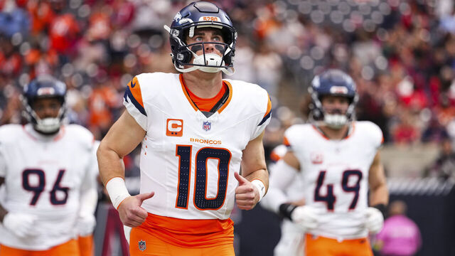 HOUSTON, TX - NOVEMBER 02: Bo Nix #10 of the Denver Broncos runs out of the tunnel prior to an NFL football game against the Houston Texans at NRG Stadium on November 2, 2025 in Houston, Texas.