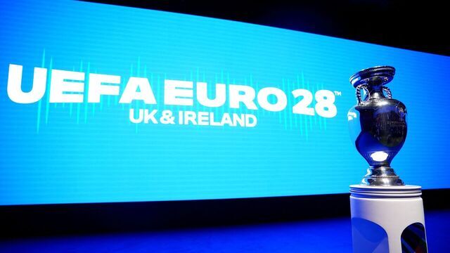 The EURO trophy, the Henri Delaunay Cup, is pictured ahead the launch event for the UEFA EURO 2028 football tournament, at Below The Lights in central London on November 12, 2025. The UEFA Euro 2028 tournament is set to be jointly hosted by the United Kingdom and Ireland.