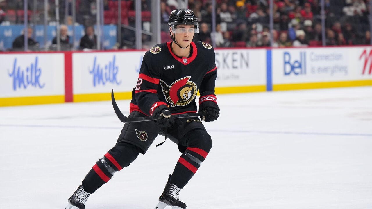 OTTAWA, CANADA - NOVEMBER 9: Shane Pinto #12 of the Ottawa Senators skates against the Utah Mammoth on November 9, 2025 at Canadian Tire Centre in Ottawa, Ontario, Canada.