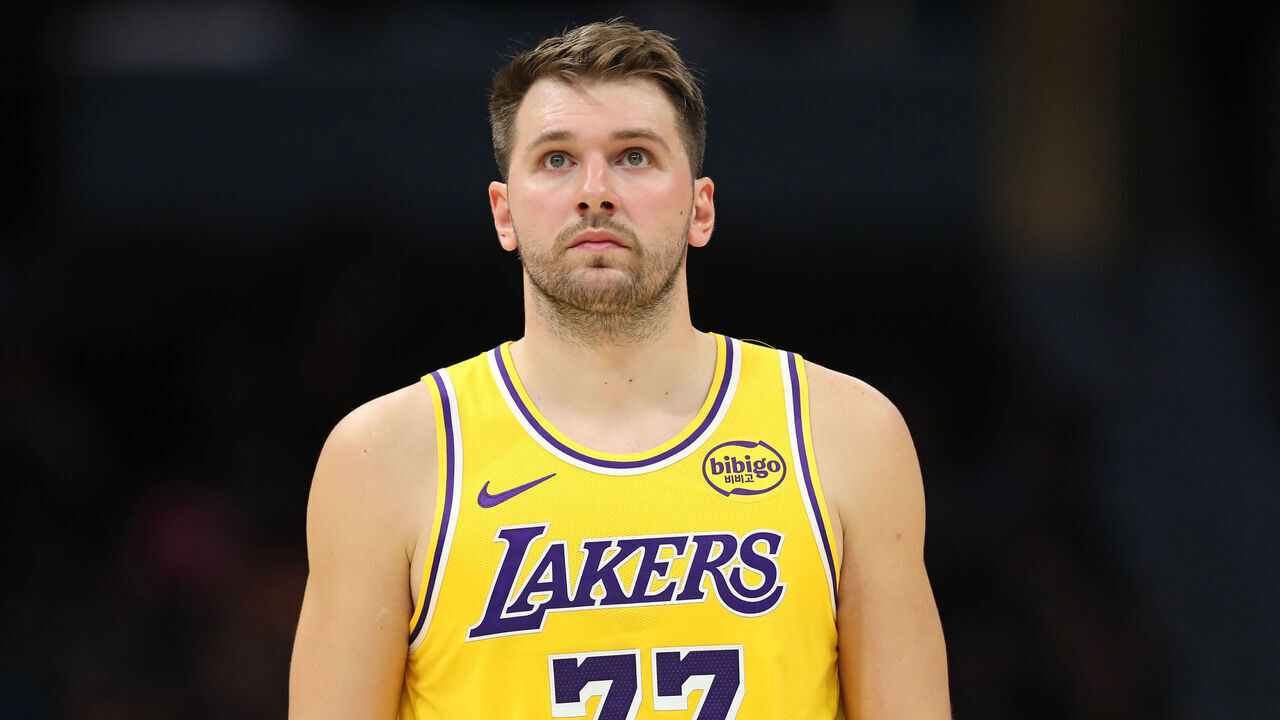 CHARLOTTE, NC - NOVEMBER 10: Luka Doncic #77 of the Los Angeles Lakers looks on during the game against the Charlotte Hornets on November 10, 2025 at Spectrum Center in Charlotte, North Carolina. Mandatory Copyright Notice: Copyright 2025 NBAE