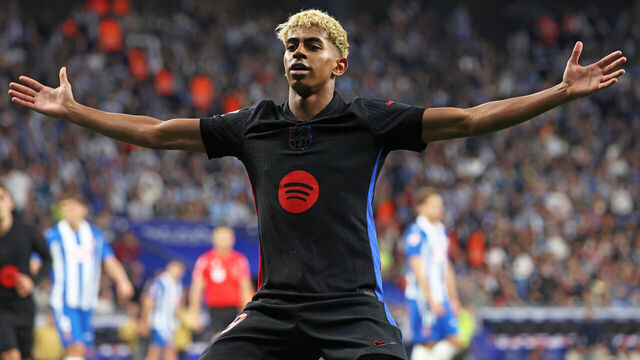 Lamine Yamal celebrates during the match between RCD Espanyol and FC Barcelona, corresponding to week 36 of LaLiga EA Sports, at the RCDE Stadium in Barcelona, Spain, on May 15, 2025.