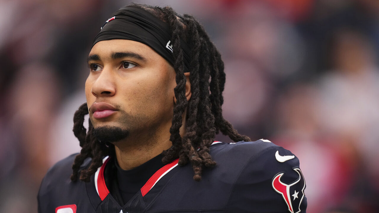 HOUSTON, TX - NOVEMBER 02: C.J. Stroud #7 of the Houston Texans looks on before kickoff against the Denver Broncos during an NFL football game at NRG Stadium on November 2, 2025 in Houston, Texas.