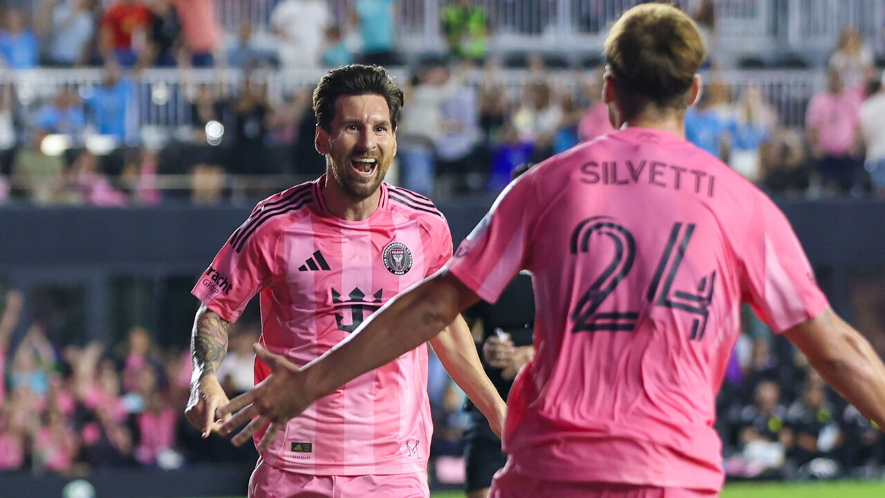 FT. LAUDERDALE, FL - NOVEMBER 08: Inter Miami forward Lionel Messi (10) celebrates his goal with Inter Miami forward Mateo Silvetti (24) in the first half during game three of the first round playoff match between Inter Miami CF and Nashville SC at Chase Stadium on November 08, 2025 in Fort Lauderdale, Florida.