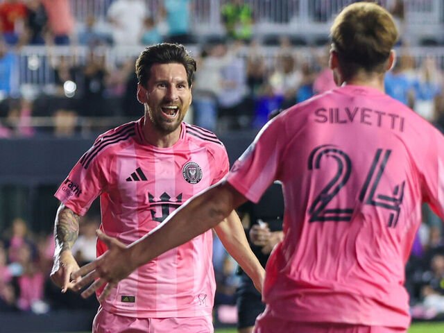 FT. LAUDERDALE, FL - NOVEMBER 08: Inter Miami forward Lionel Messi (10) celebrates his goal with Inter Miami forward Mateo Silvetti (24) in the first half during game three of the first round playoff match between Inter Miami CF and Nashville SC at Chase Stadium on November 08, 2025 in Fort Lauderdale, Florida.
